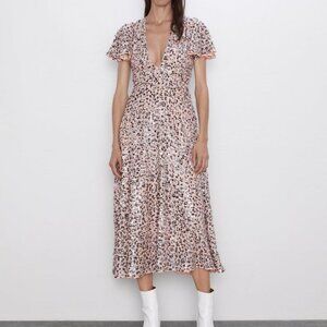 ZARA LIMITED EDITION SEQUIN MAXI DRESS V-NECK FLUTTER SLEEVE BLUSH NWT SIZE M